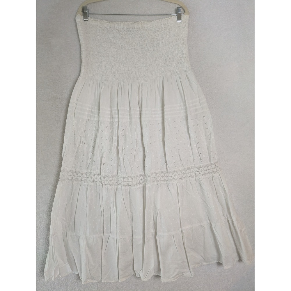 Speed Control Maxi Dress Women's 1X White Smocked Eyelet Lace Tiered Strapless